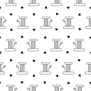 Ev kedileri için kazı kazan. Kusursuz desen. Boyama sayfası. Küçük evler ve mobilyalar. Veteriner dükkânı malları. El çizimi stili. Vektör çizimi. Tasarım süslemeleri.