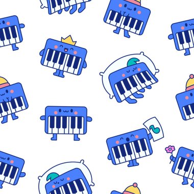 Güzel piyano karakteri. Kusursuz desen. Farklı duyguları olan bir karikatür enstrümanı. El çizimi stili. Vektör çizimi. Tasarım süslemeleri.