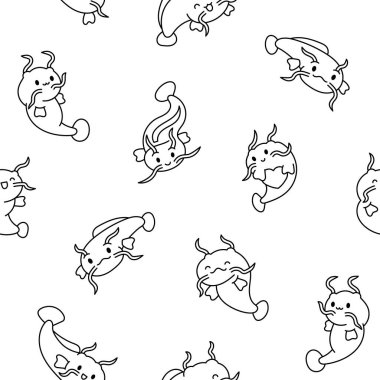 Şirin kawaii yayın balığı farklı pozlarda. Kusursuz desen. Boyama sayfası. Komik karikatür suda yaşayan hayvan karakteri. El çizimi stili. Vektör çizimi. Tasarım süslemeleri.