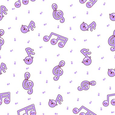 Şirin kawaii müzik notaları. Kusursuz desen. Komik çizgi film karakteri. El çizimi stili. Vektör çizimi. Tasarım süslemeleri.