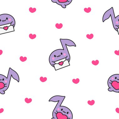 Sevimli küçük nota karakteri. Kusursuz desen. Komik çizgi film elemanı. El çizimi stili. Vektör çizimi. Tasarım süslemeleri.