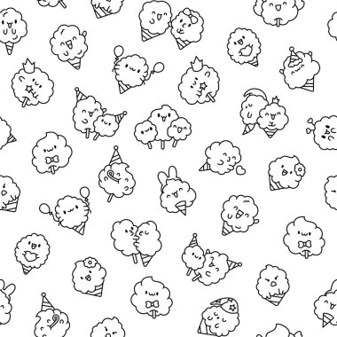 Gülümseyen sevimli kawaii pamuk şeker. Kusursuz desen. Boyama sayfası. Tatlı şeker çizgi film karakteri. El çizimi stili. Vektör çizimi. Tasarım süslemeleri.