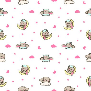 Şirin kawaii tavşanı. Kusursuz desen. Çizgi film küçük tavşan karakterleri. El çizimi stili. Vektör çizimi. Tasarım süslemeleri.