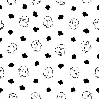 Farklı pozlarda tatlı patlamış mısır karakteri. Kusursuz desen. Boyama sayfası. Komik çizgi film yemekleri. El çizimi stili. Vektör çizimi. Tasarım süslemeleri.