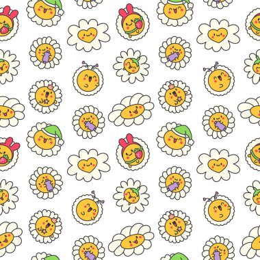 Şirin kawaii papatya çayı. Kusursuz desen. Gülen suratlı mutlu çiçek karakteri. El çizimi stili. Vektör çizimi. Tasarım süslemeleri.