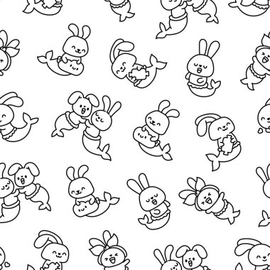 Şirin kawaii tavşancık denizkızı. Kusursuz desen. Boyama sayfası. Çizgi film tavşanı. Fantezi hayvan karakterleri. El çizimi stili. Vektör çizimi. Tasarım süslemeleri.