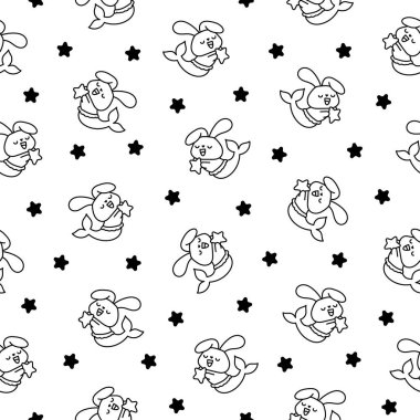 Şirin kawaii tavşancık denizkızı. Kusursuz desen. Boyama sayfası. Çizgi film tavşanı. Fantezi hayvan karakterleri. El çizimi stili. Vektör çizimi. Tasarım süslemeleri.