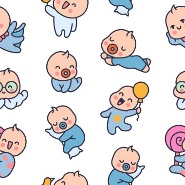 Sevimli erkek bebek. Kusursuz desen. Çizgi film karakteri. El çizimi stili. Vektör çizimi. Tasarım süslemeleri.