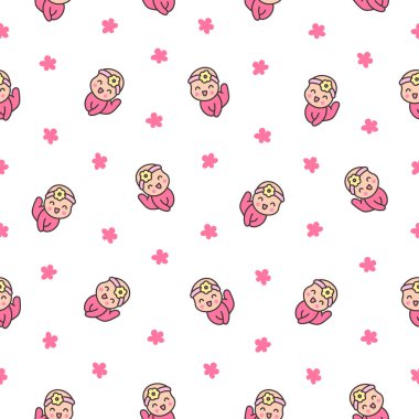 Sevimli bir kız bebek. Kusursuz desen. Çizgi film karakteri. El stili. Vektör çizimi. Tasarım süslemeleri.