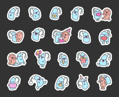 Şirin Kawaii işitme cihazı. Etiket Yer İmi. Komik çizgi film karakteri. El çizimi stili. Vektör çizimi. Tasarım elementlerinin koleksiyonu.