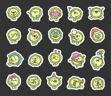 Tatlı lahana karakteri. Etiket Yer İmi. Komik çizgi film yemekleri. El çizimi stili. Vektör çizimi. Tasarım elementlerinin koleksiyonu.