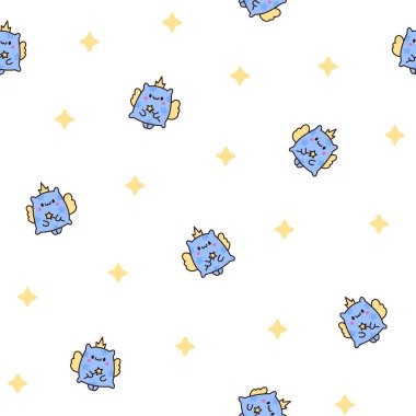 Gülen yüzlü şirin yastık. Kusursuz desen. Çizgi film kawaii karakteri. El çizimi stili. Vektör çizimi. Tasarım süslemeleri.