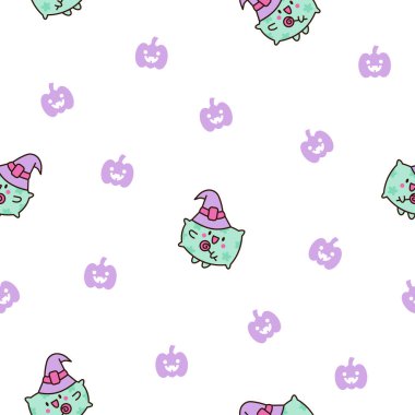 Gülen yüzlü şirin yastık. Kusursuz desen. Çizgi film kawaii karakteri. El çizimi stili. Vektör çizimi. Tasarım süslemeleri.