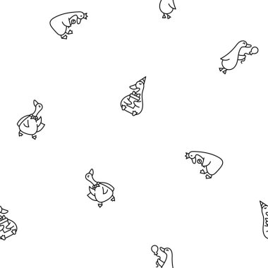 Komik kaz karakterleri. Kusursuz desen. Boyama sayfası. Tatlı çizgi film kawaii ördeği. El çizimi stili. Vektör çizimi. Tasarım süslemeleri.