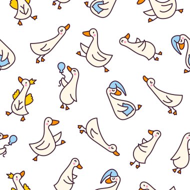 Komik kaz karakterleri. Kusursuz desen. Tatlı çizgi film kawaii ördeği. El çizimi stili. Vektör çizimi. Tasarım süslemeleri.