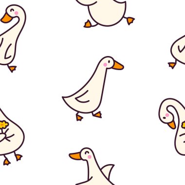 Komik kaz karakterleri. Kusursuz desen. Tatlı çizgi film kawaii ördeği. El çizimi stili. Vektör çizimi. Tasarım süslemeleri.