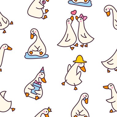 Komik kaz karakterleri. Kusursuz desen. Tatlı çizgi film kawaii ördeği. El çizimi stili. Vektör çizimi. Tasarım süslemeleri.