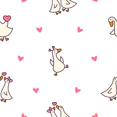 Komik kaz karakterleri. Kusursuz desen. Tatlı çizgi film kawaii ördeği. El çizimi stili. Vektör çizimi. Tasarım süslemeleri.