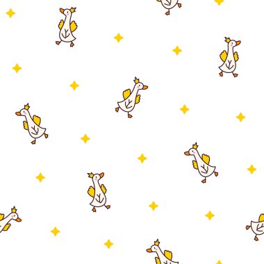 Komik kaz karakterleri. Kusursuz desen. Tatlı çizgi film kawaii ördeği. El çizimi stili. Vektör çizimi. Tasarım süslemeleri.