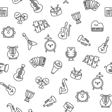 Mutlu yüzlü şirin müzik aletleri. Kusursuz desen. Boyama sayfası. Çizgi film kawaii karakteri. Komik müzik şeyleri. El çizimi stili. Vektör çizimi. Tasarım süslemeleri.