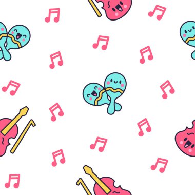 Mutlu yüzlü şirin müzik aletleri. Kusursuz desen. Çizgi film kawaii karakteri. Komik müzik şeyleri. El çizimi stili. Vektör çizimi. Tasarım süslemeleri.