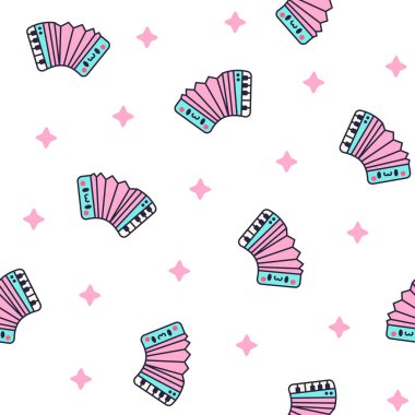 Mutlu yüzlü şirin müzik aletleri. Kusursuz desen. Çizgi film kawaii karakteri. Komik müzik şeyleri. El çizimi stili. Vektör çizimi. Tasarım süslemeleri.