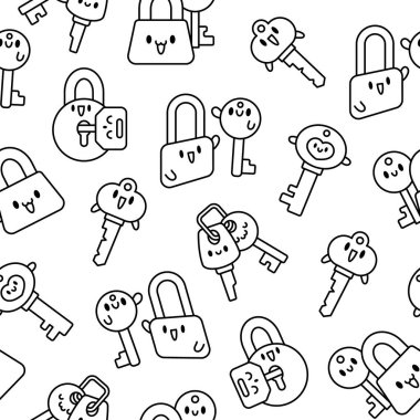 Şirin kawaii anahtarı. Kusursuz desen. Boyama sayfası. Komik çizgi film karakteri. El çizimi stili. Vektör çizimi. Tasarım süslemeleri.