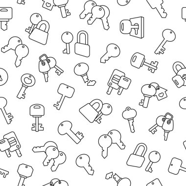 Anahtarlık ile farklı anahtarlıklar. Kusursuz desen. Boyama sayfası. Ev kirası, mülk. El çizimi stili. Vektör çizimi. Tasarım süslemeleri.