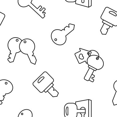 Anahtarlık ile farklı anahtarlıklar. Kusursuz desen. Boyama sayfası. Ev kirası, mülk. El çizimi stili. Vektör çizimi. Tasarım süslemeleri.