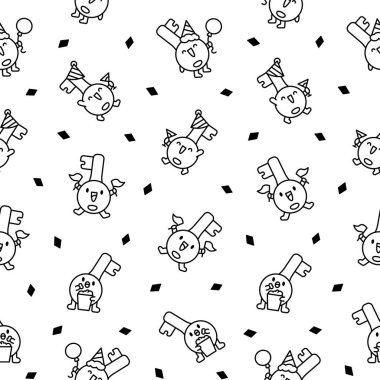 Farklı duyguları olan şirin, mutlu bir anahtar. Kusursuz desen. Boyama sayfası. Komik çizgi film karakteri. El çizimi stili. Vektör çizimi. Tasarım süslemeleri.