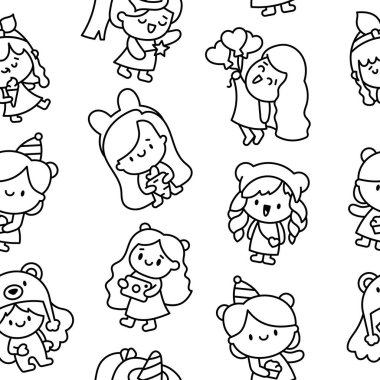 Cute kawaii little girl. Seamless pattern. Coloring Page. Happy kid cartoon character. Hand drawn style. Vector drawing. Design ornaments. clipart