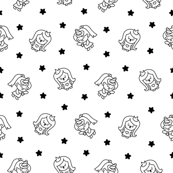 Şirin kawaii kızı. Kusursuz desen. Boyama sayfası. Mutlu çocuk çizgi film karakteri. El çizimi stili. Vektör çizimi. Tasarım süslemeleri.