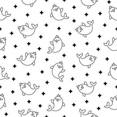 Farklı pozlarda şirin kawaii yunusları. Kusursuz desen. Boyama sayfası. Komik deniz piyadesi karakteri. El çizimi stili. Vektör çizimi. Tasarım süslemeleri.