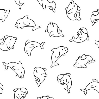 Farklı pozlarda şirin kawaii yunusları. Kusursuz desen. Boyama sayfası. Komik deniz piyadesi karakteri. El çizimi stili. Vektör çizimi. Tasarım süslemeleri.