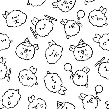Şirin, mutlu kawaii tempura karidesi. Kusursuz desen. Boyama sayfası. Komik çizgi film yemek karakteri. El çizimi stili. Vektör çizimi. Tasarım süslemeleri.