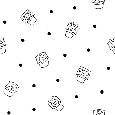 Yatakta uyuyan sevimli hayvanlar. Kusursuz desen. Boyama sayfası. Gece rüyası. Çizgi film karakterleri. El çizimi stili. Vektör çizimi. Tasarım süslemeleri.