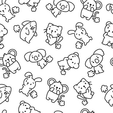 Şirin ve komik osuruklu hayvanlar. Kusursuz desen. Boyama sayfası. Çizgi film karakterleri. El çizimi stili. Vektör çizimi. Tasarım süslemeleri.