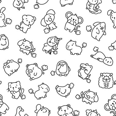 Şirin ve komik osuruklu hayvanlar. Kusursuz desen. Boyama sayfası. Çizgi film karakterleri. El çizimi stili. Vektör çizimi. Tasarım süslemeleri.