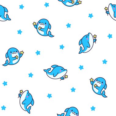 Farklı pozlarda şirin kawaii yunusları. Kusursuz desen. Komik deniz piyadesi karakteri. El çizimi stili. Vektör çizimi. Tasarım süslemeleri.