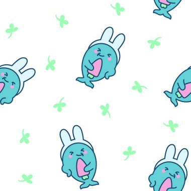 Komik yunus karakterleri. Kusursuz desen. Tatlı çizgi film kawaii deniz hayvanı. El çizimi stili. Vektör çizimi. Tasarım süslemeleri.