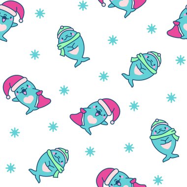 Komik yunus karakterleri. Kusursuz desen. Tatlı çizgi film kawaii deniz hayvanı. El çizimi stili. Vektör çizimi. Tasarım süslemeleri.