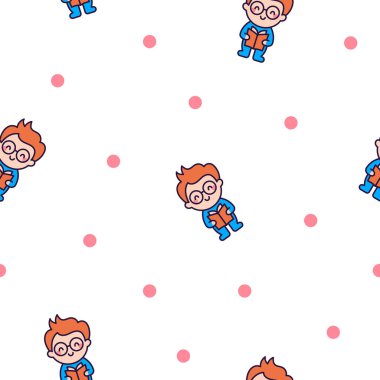 Şirin kawaii çocuğu. Kusursuz desen. Mutlu çocuk çizgi film karakteri. El çizimi stili. Vektör çizimi. Tasarım süslemeleri.