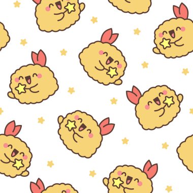 Şirin, mutlu kawaii tempura karidesi. Kusursuz desen. Komik çizgi film yemek karakteri. El çizimi stili. Vektör çizimi. Tasarım süslemeleri.