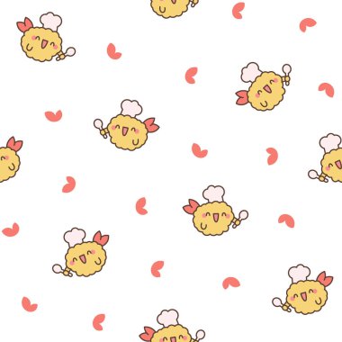 Şirin, mutlu kawaii tempura karidesi. Kusursuz desen. Komik çizgi film yemek karakteri. El çizimi stili. Vektör çizimi. Tasarım süslemeleri.