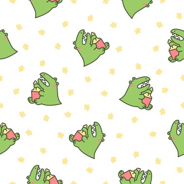 Gülen suratlı komik timsah karakteri. Kusursuz desen. Çizgi film kawaii timsahı. El çizimi stili. Vektör çizimi. Tasarım süslemeleri.