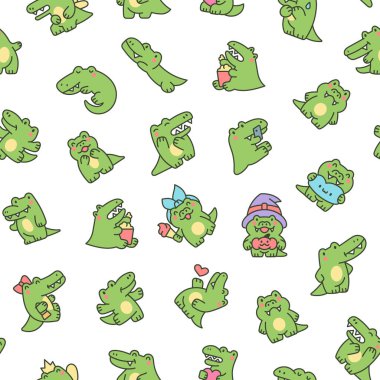 Gülen suratlı komik timsah karakteri. Kusursuz desen. Çizgi film kawaii timsahı. El çizimi stili. Vektör çizimi. Tasarım süslemeleri.