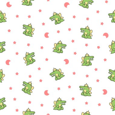 Gülen suratlı komik timsah karakteri. Kusursuz desen. Çizgi film kawaii timsahı. El çizimi stili. Vektör çizimi. Tasarım süslemeleri.