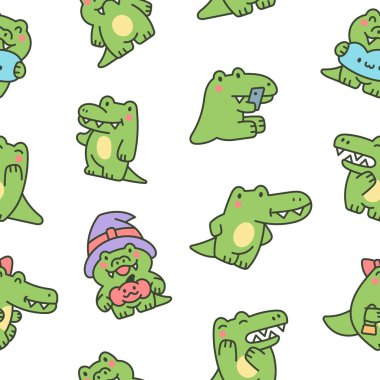 Gülen suratlı komik timsah karakteri. Kusursuz desen. Çizgi film kawaii timsahı. El çizimi stili. Vektör çizimi. Tasarım süslemeleri.