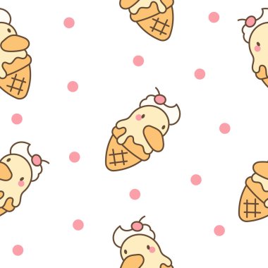 Dondurmalı tatlı hayvanlar waffle külahında. Kusursuz desen. Çizgi film komik yemek tatlısı. El çizimi stili. Vektör çizimi. Tasarım süslemeleri.