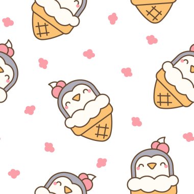 Dondurmalı tatlı hayvanlar waffle külahında. Kusursuz desen. Çizgi film komik yemek tatlısı. El çizimi stili. Vektör çizimi. Tasarım süslemeleri.